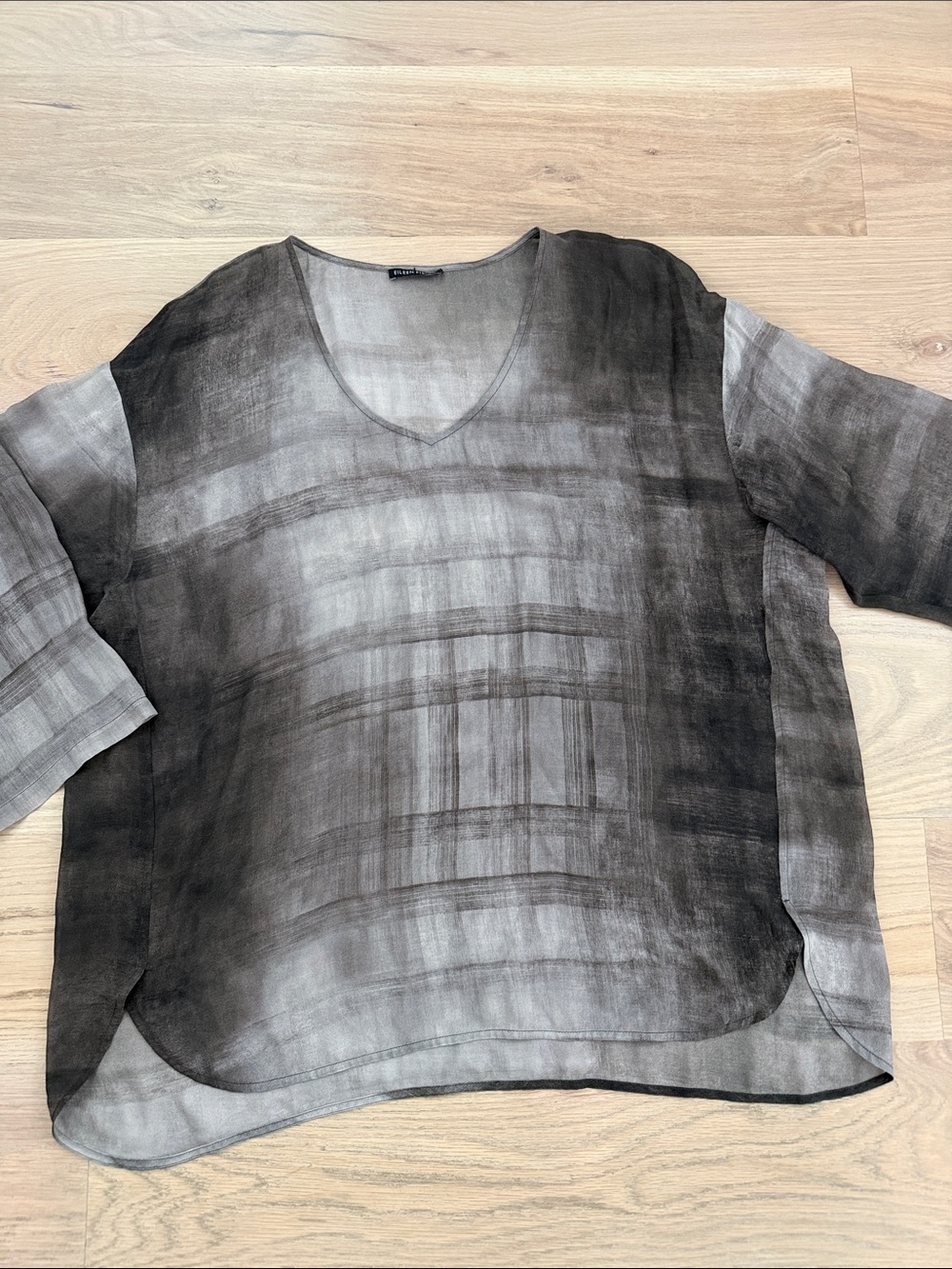 Eileen Fisher Sheer Silk Linen Ombre Plaid V-Neck Tunic Top L / XL